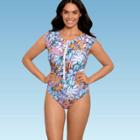 Women's Slimming Control Zip-front Cap Sleeve One Piece Swimsuit - Beach Betty By Miracle Brands Blue