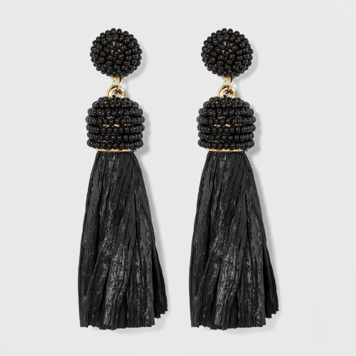 Seed Bead And Simulated Raffia Tassel Drop Earrings - A New Day Black