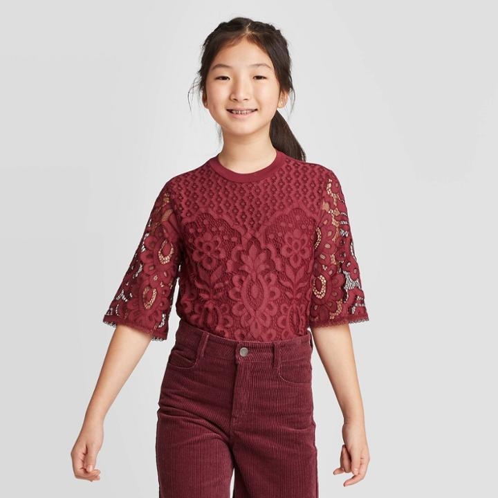 Petitegirls' Short Sleeve Lace Top - Art Class Burgundy Xs, Girl's, Red