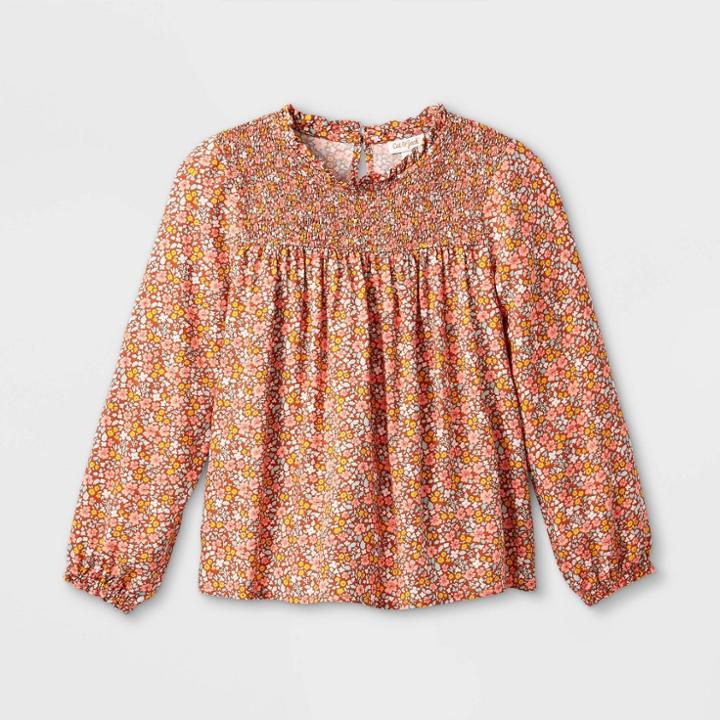 Girls' Printed Long Sleeve Woven Top - Cat & Jack Light Orange