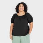Women's Plus Size Puff Short Sleeve Tie-back Top - A New Day Black