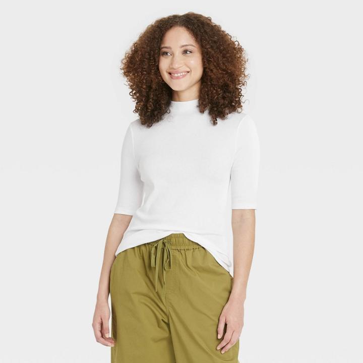 Women's Elbow Sleeve Mock Turtleneck T- Shirt - A New Day White