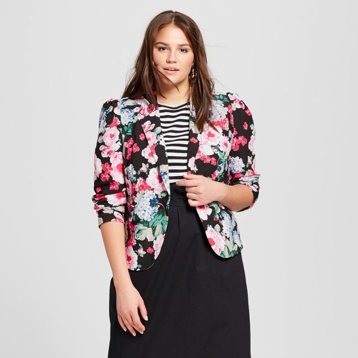 Women's Plus Size Floral Print Silky Blazer - Who What Wear Black/pink 4x, Black/pink Floral