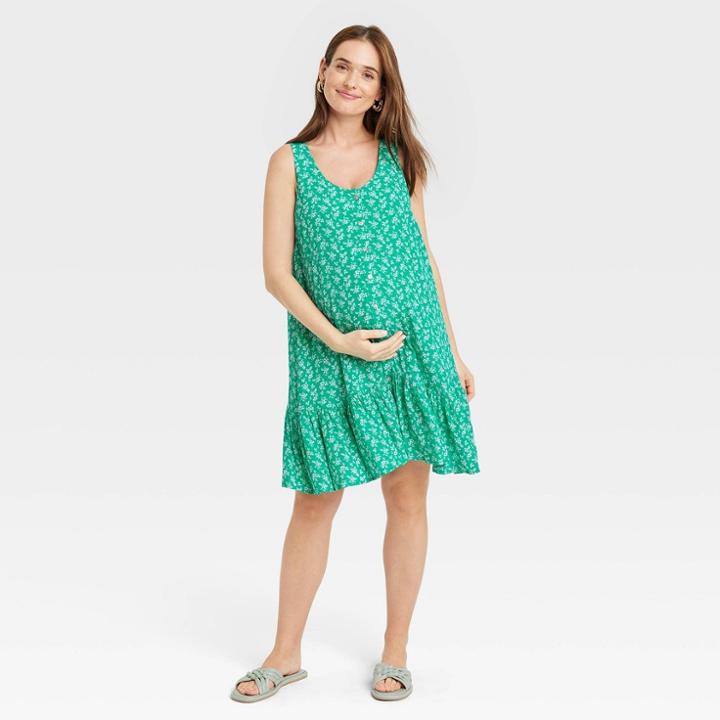 The Nines By Hatch Sleeveless Swing Maternity Dress Teal Green Floral