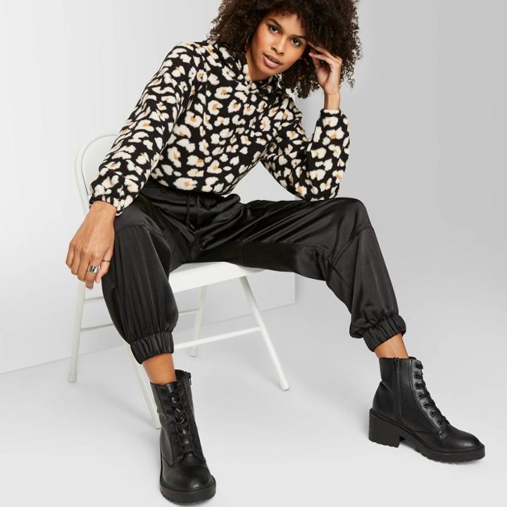 Women's Animal Print Long Sleeve Hooded Sherpa Sweatshirt - Wild Fable Black