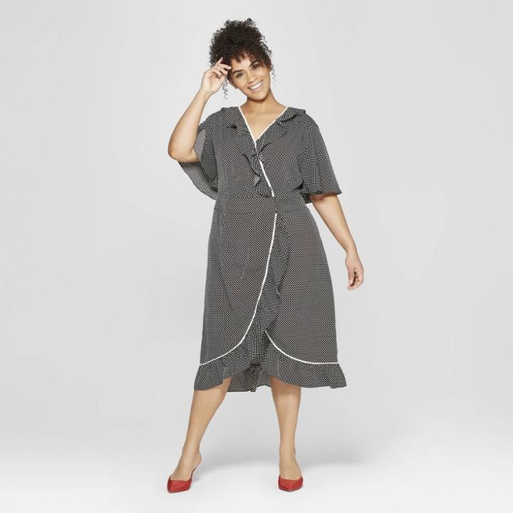 Women's Plus Size Polka Dot Short Sleeve Button Front Wrap Dress - Who What Wear Black