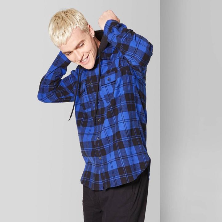 Original Use Men's Plaid Casual Fit Long Sleeve Detachable Hood Button-down Shirt - Lapis Blue L, Men's,