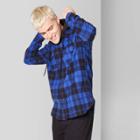 Original Use Men's Plaid Casual Fit Long Sleeve Detachable Hood Button-down Shirt - Lapis Blue L, Men's,