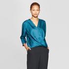 Women's Long Sleeve V-neck Wrap Blouse - Prologue Teal (blue)