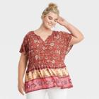 Women's Plus Size Short Sleeve Floral Printed Babydoll Top - Knox Rose Brown Floral