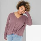 Women's Plus Size Striped Long Sleeve Oversize Thermal Tie Front Top - Wild Fable Plum