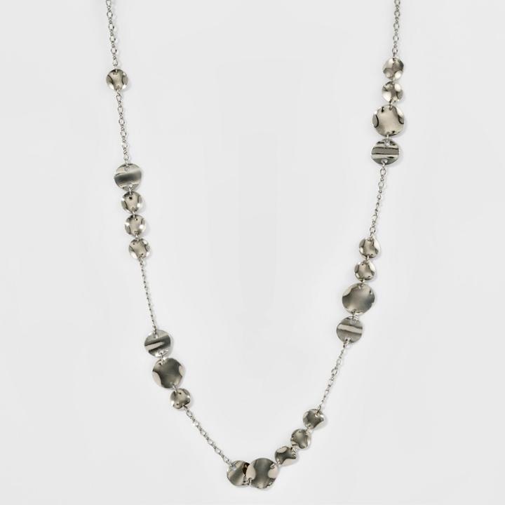 Women's Long Station Necklace With Wavy Disc - A New Day Silver,