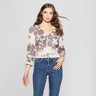 Women's Floral Print Long Sleeve Smocked Button Front Blouse - 3hearts (juniors') Ivory