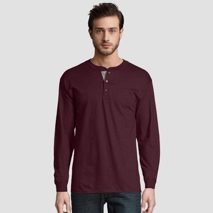 Hanes Men's Long Sleeve Beefy Henley Shirt - Berry
