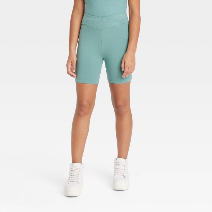 Girls' V-waist Bike Shorts - Art Class Turquoise Green