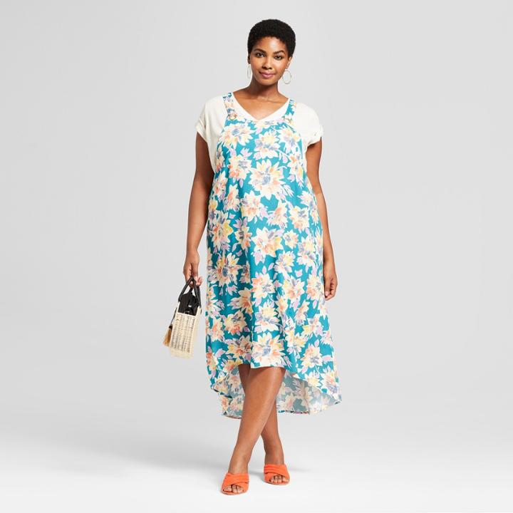 Women's Plus Size Floral Print High-low Tie Back Sundress- Ava & Viv Teal X, Blue
