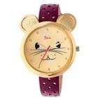 Boum Mignonne Ladies Mouse Accented Leather-band Watch - Gold/plum, Flashbulb Fuschia