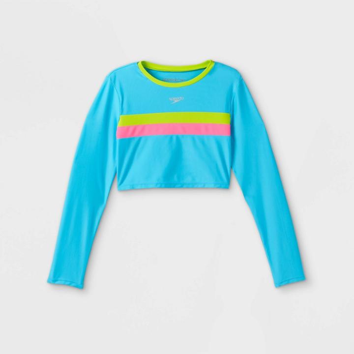 Speedo Girls' Striped Long Sleeve Rash Guard Swim Shirt - Blue