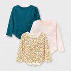 Toddler Girls' 3pk Floral Sparkle Striped Long Sleeve T-shirt - Cat & Jack 12m, Pink/silver/blue