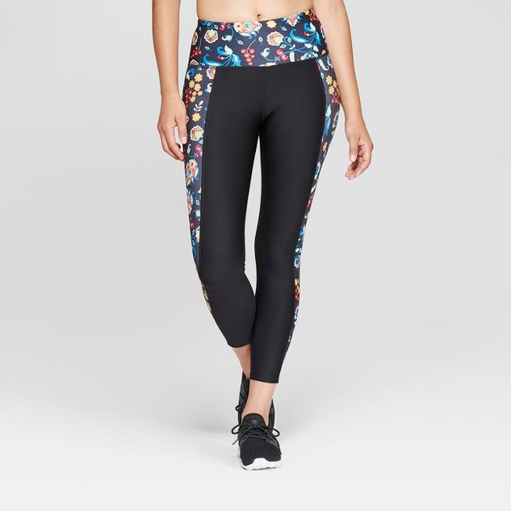 Women's Floral Print Panel Performance Mid-rise Capri Leggings - Joylab Black