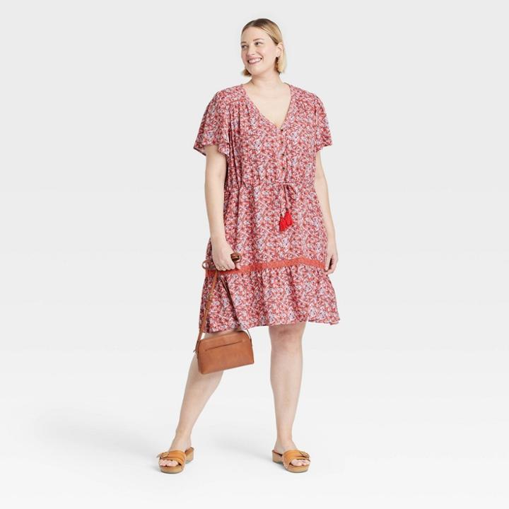 Women's Plus Size Flutter Short Sleeve Button-front Dress - Knox Rose Red Floral