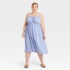 Women's Plus Size Linen Tie-front Smocked Dress - Ava & Viv Blue