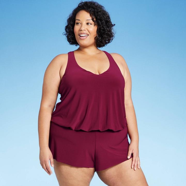 Women's Plus Size Plunge Halter Swim Romper - Aqua Green Burgundy