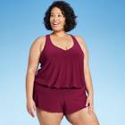 Women's Plus Size Plunge Halter Swim Romper - Aqua Green Burgundy