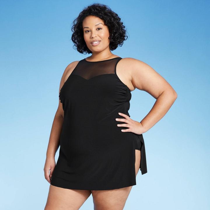 Women's Plus Size High Neck Mesh Swim Dress - Aqua Green Black