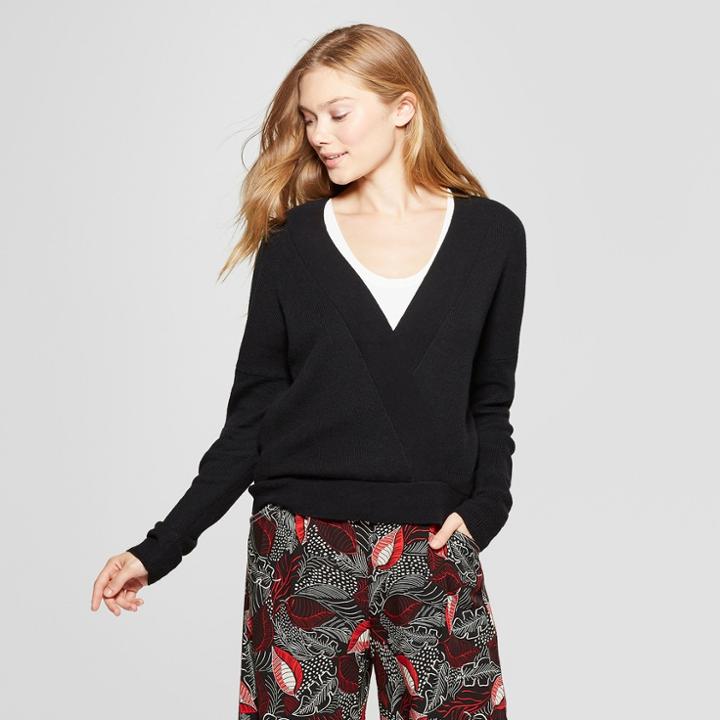 Women's V-neck Ribbed Pullover Sweater - A New Day Black