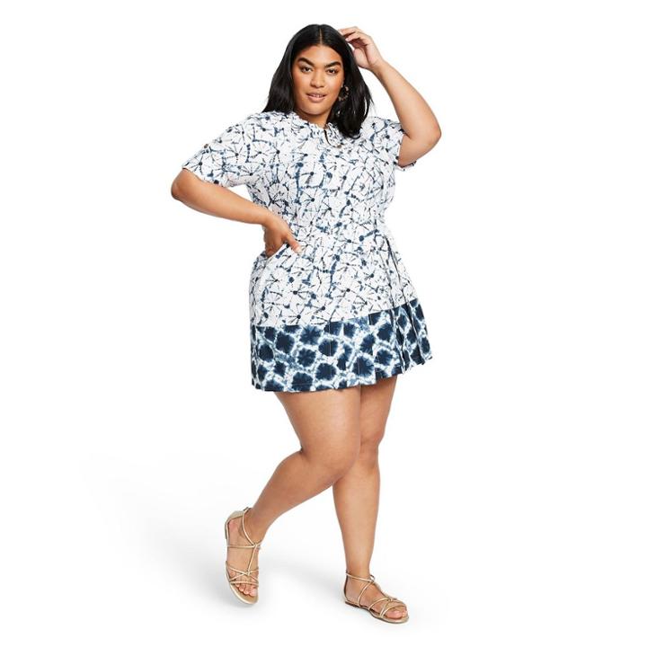 Women's Plus Size Shibori Print Elbow Sleeve Button-front Mini Shirtdress - Thakoon For Target White/blue 2x, Women's, Size: 2xl, Blue White