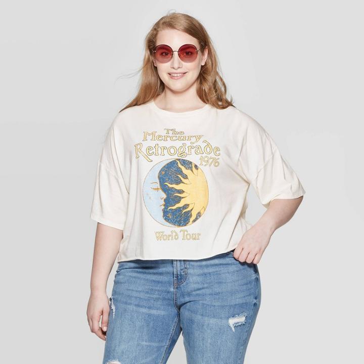Women's Mercury Retrograde Plus Size Short Sleeve Cropped T-shirt - Grayson Threads (juniors') - Beige