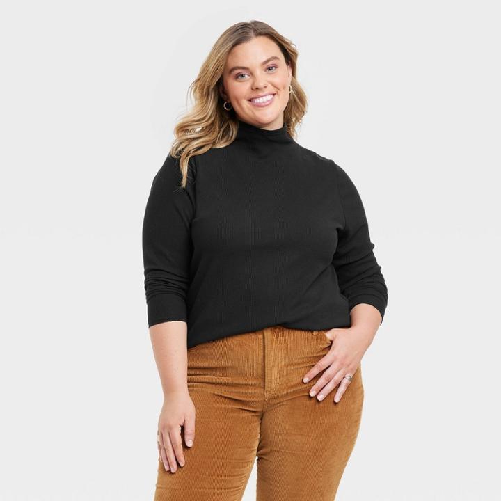 Women's Plus Size Long Sleeve Waffle Knit Mock Turtleneck Slim Fit T-shirt - Universal Thread Black