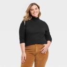 Women's Plus Size Long Sleeve Waffle Knit Mock Turtleneck Slim Fit T-shirt - Universal Thread Black