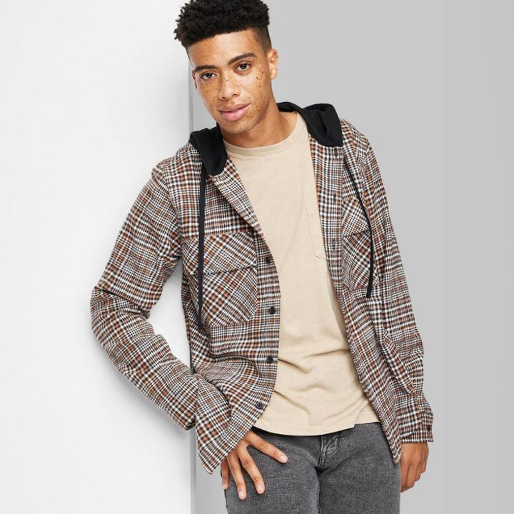 Adult Woven Checked Hooded Button-down Shirt - Original Use Brown