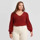 Women's Plus Size V-neck Balloon Sleeve Chenille Pullover Sweater - Ava & Viv Red X