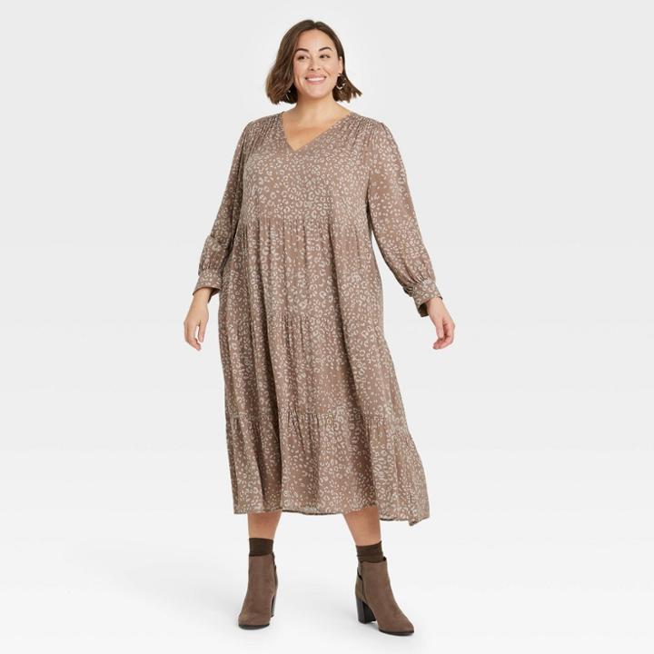 Women's Plus Size Leopard Print Long Sleeve Tiered Dress - A New Day Brown