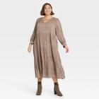 Women's Plus Size Leopard Print Long Sleeve Tiered Dress - A New Day Brown