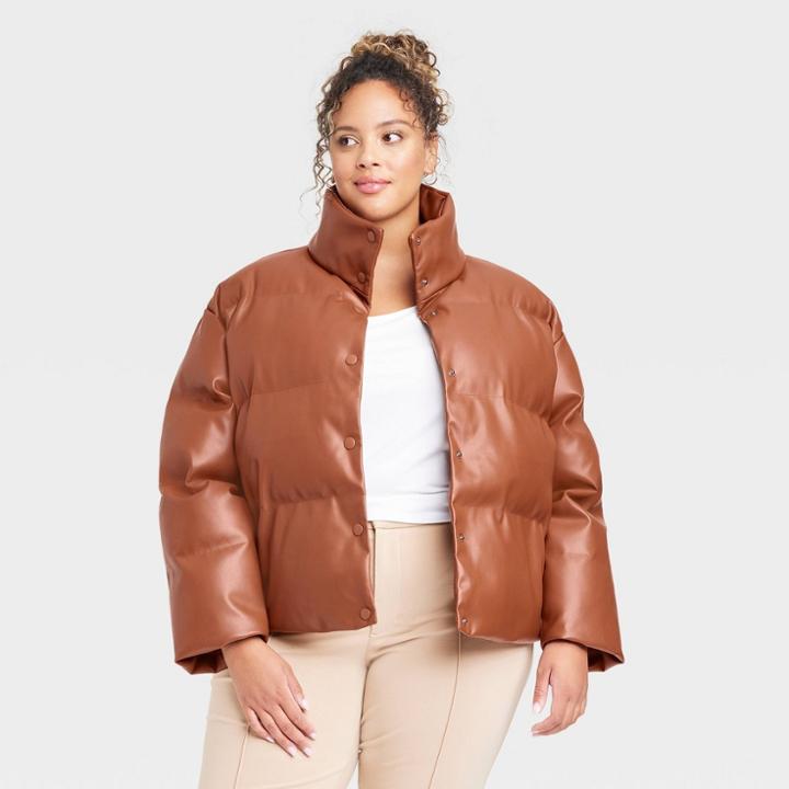 Women's Plus Size Faux Leather Puffer Jacket - A New Day Brown