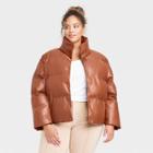 Women's Plus Size Faux Leather Puffer Jacket - A New Day Brown