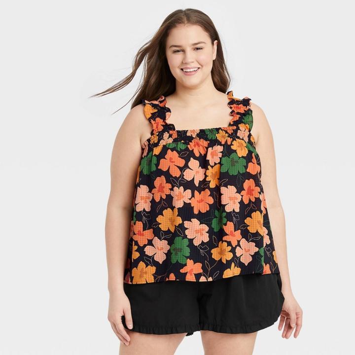 Women's Plus Size Ruffle Tank Top - Who What Wear Black Floral