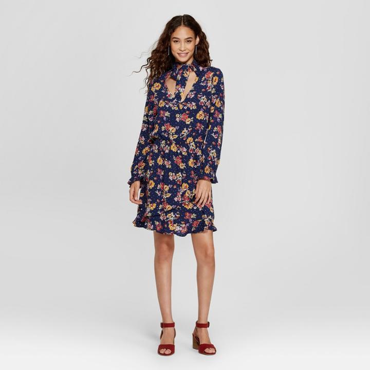 Women's Floral Print Long Sleeve Neck Ruffle Bottom Dress - Xhilaration Navy (blue)