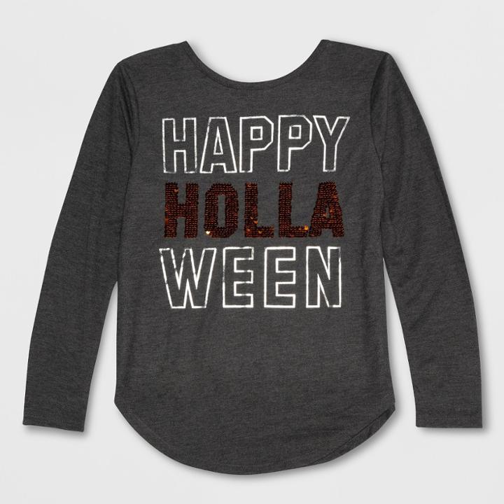 L.o.l. Vintage Girls' Happy Holla Ween Flip Sequin Long Sleeve T-shirt - Charcoal Gray