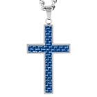 Men's Crucible Carbon Fiber And Polished Stainless Steel Cross Necklace On Curb Chain - Blue