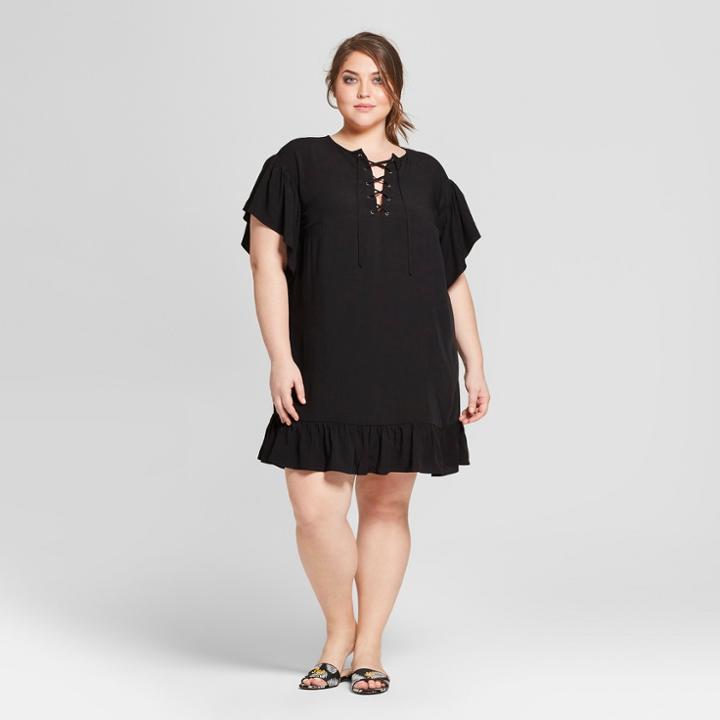 Women's Plus Size Short Sleeve Lace-up Mini Dress - Who What Wear Black