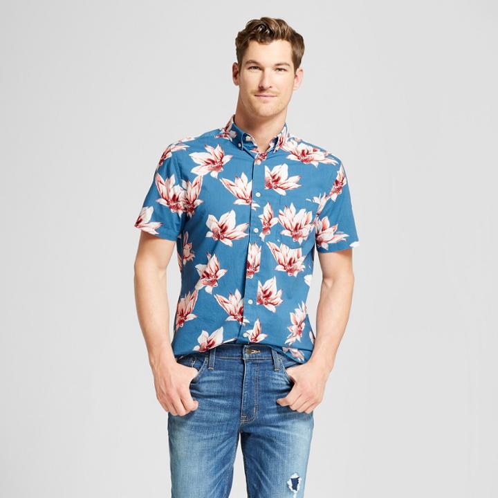 Men's Floral Print Short Sleeve Button-down Shirt - Goodfellow & Co Blue Beam