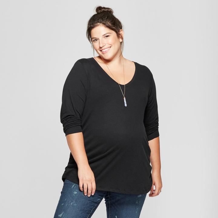 Maternity Plus Size Long Sleeve Shirred T-shirt - Isabel Maternity By Ingrid & Isabel Black