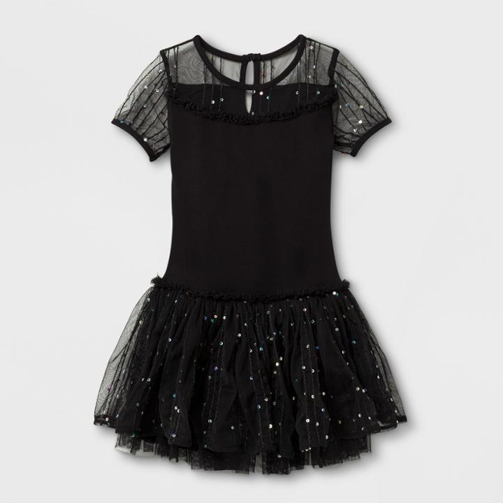 Danshuz Toddler Girls' Double Layer Skirt With Sequin Mesh Yoke Short Sleeve Activewear Dress - Black 2-4,
