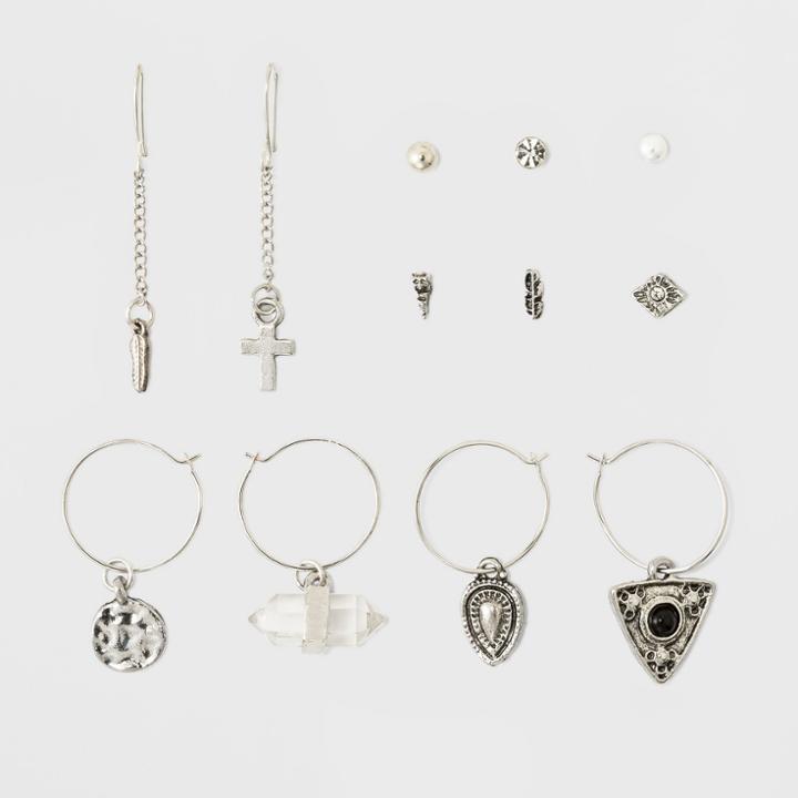 Target Stud, Hoops And Drops With Textured Discs, Feather, Cross And Simulated Pearl Earring Set 6ct - Wild Fable Dark