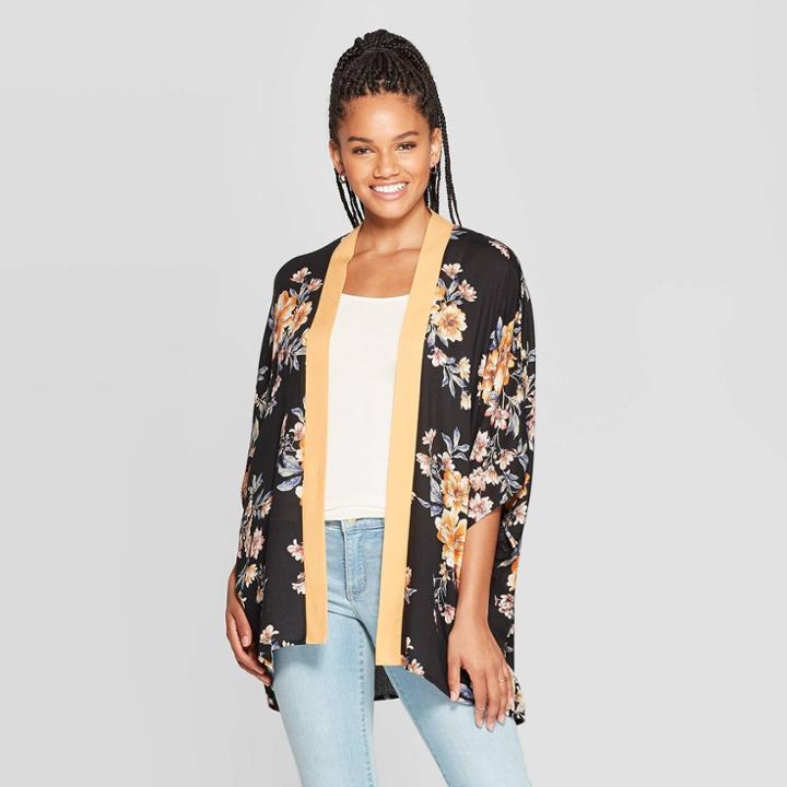 Women's Floral Print Long Sleeve Midi Kimono Jacket - Xhilaration Black